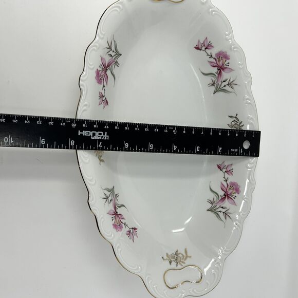 Fine Bohemian China Oval Serving Bowl 13" Long Pink Lily Gold Czechoslovakia Vtg - Picture 6 of 7
